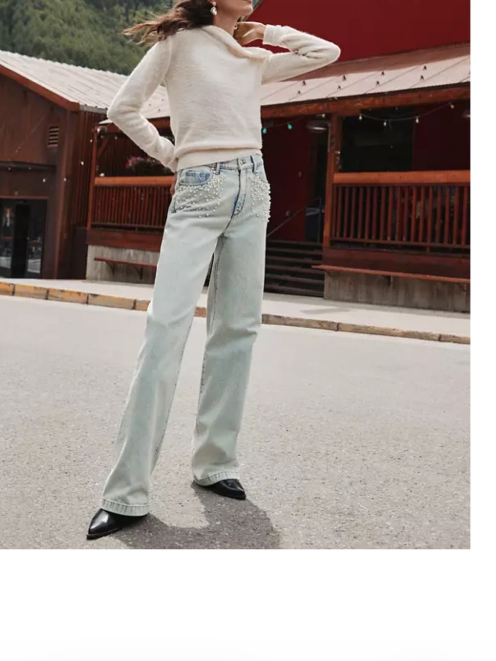 LOFT Light Blue Wide-Leg Jeans with Pearl Pocket Embellishments